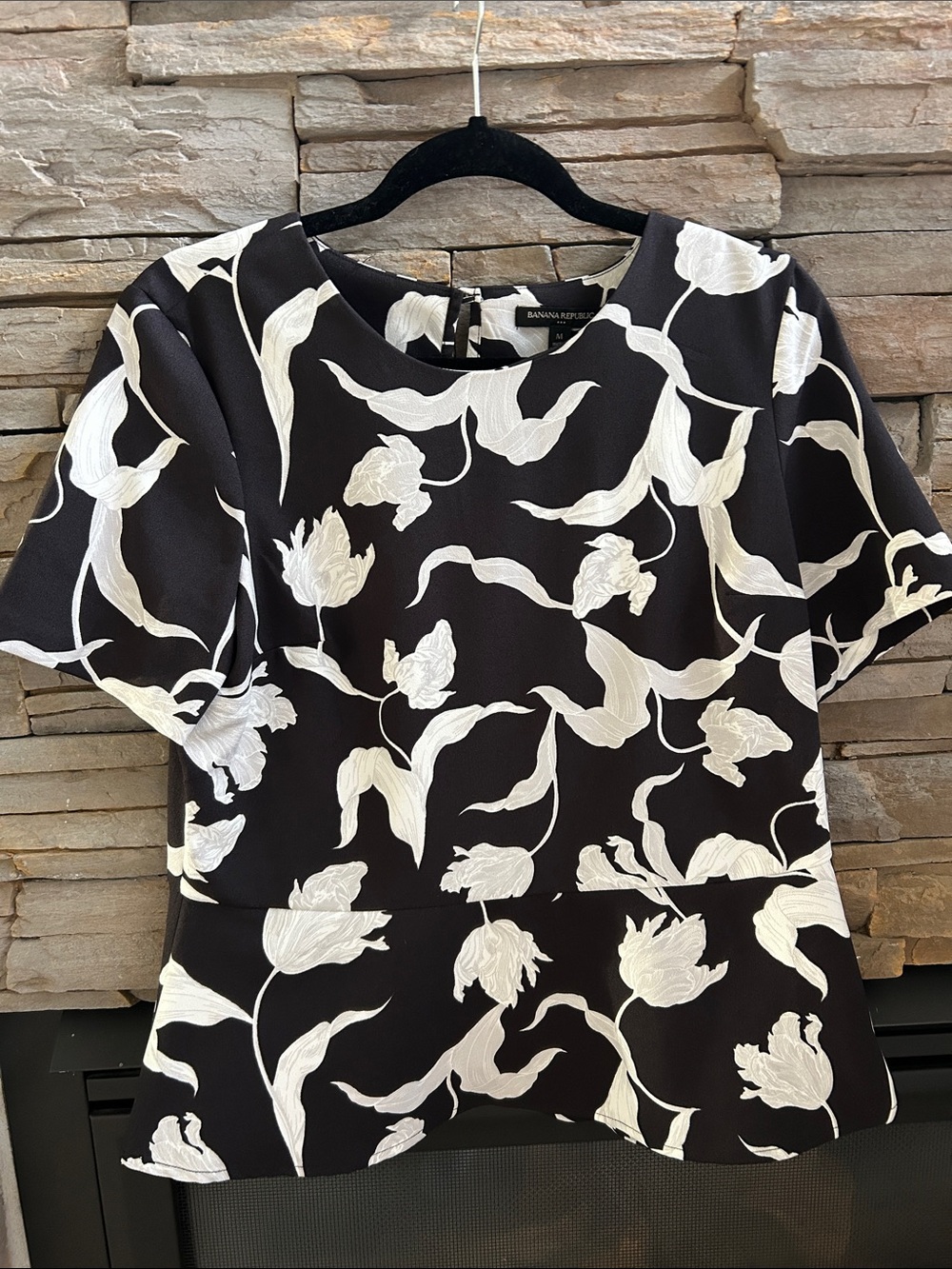 Banana Republic Black Floral Peplum Blouse with White Print
